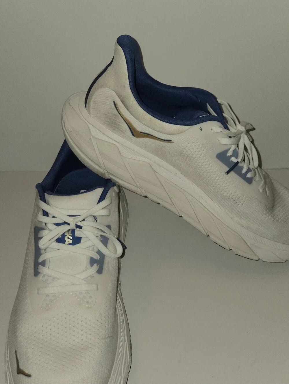 Hoka One One White and Navy Athletic Running Shoes with Gold Logo